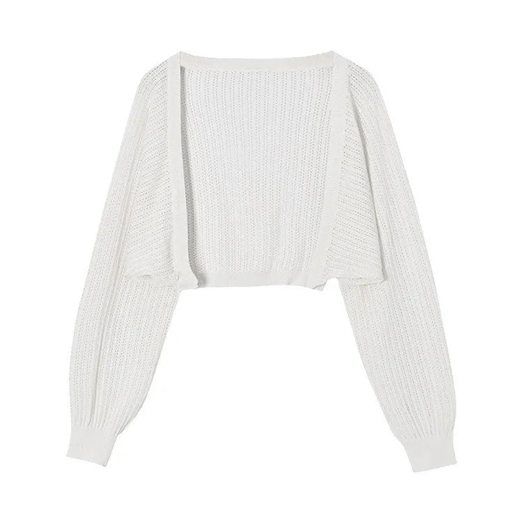 Hollow-out design blouse with lantern sleeves in polyester linen blend fabric