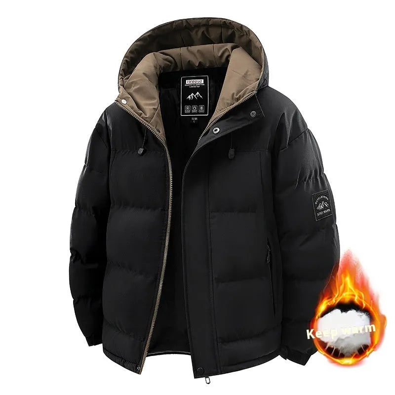 Men's hooded padded coat in black, loose fit, polyester fibre filler, 50cm length, sizes M to 3XL