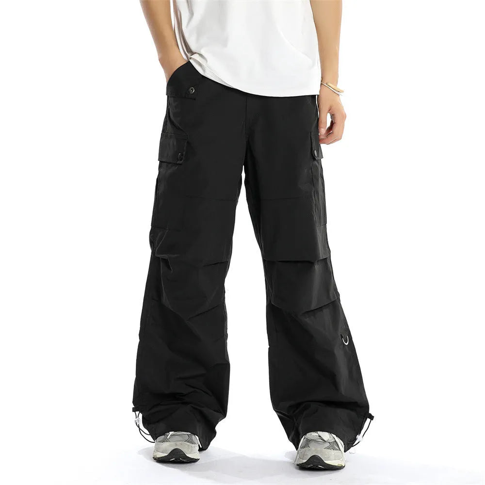 Men's loose cotton street workwear trousers in solid black or brown, sizes S to XL