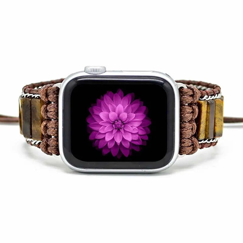Rectangular tiger eye stone beads on adjustable textile watch strap for men in bohemian retro style