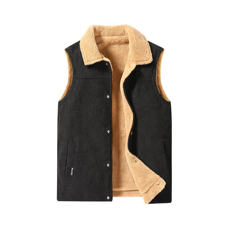 Men's corduroy flip collar warm jacket in Army Green, full zip, polyester fibre fill