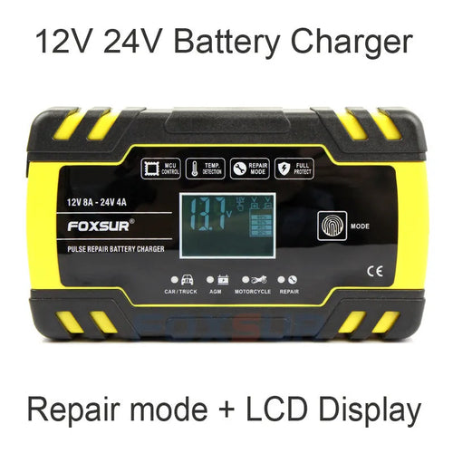 12V 24V battery charger with LCD screen for motorcycle car and truck lead-acid batteries