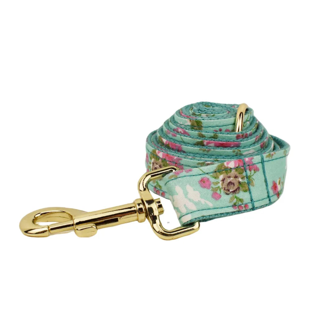 Rose dog collar with green background and detachable cute bow, cloth pet set with leash and vest options