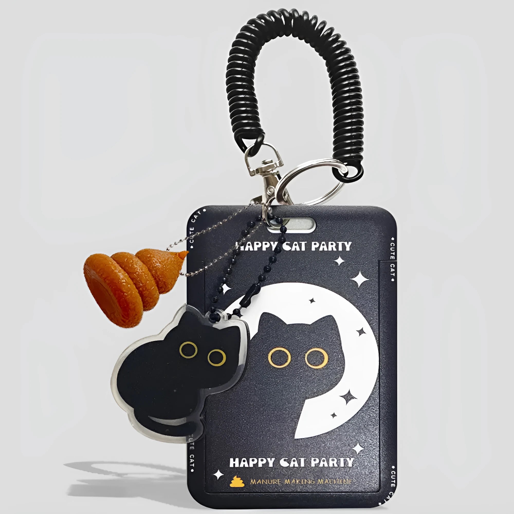 Plastic card holder sleeve with a detachable cute black cat pendant, designed for student IDs and travel cards.