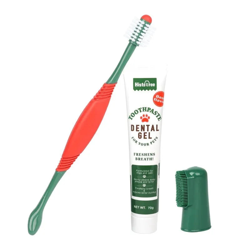 Pet finger stall toothbrush and toothpaste set for cats and dogs, plastic 360 degree brush, beef and vanilla flavour options