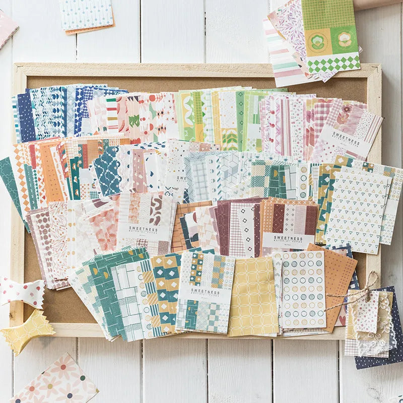 Retro collage note paper in dessert colours including red plum cheese and caramel puff, 50 pieces measuring 56x83mm
