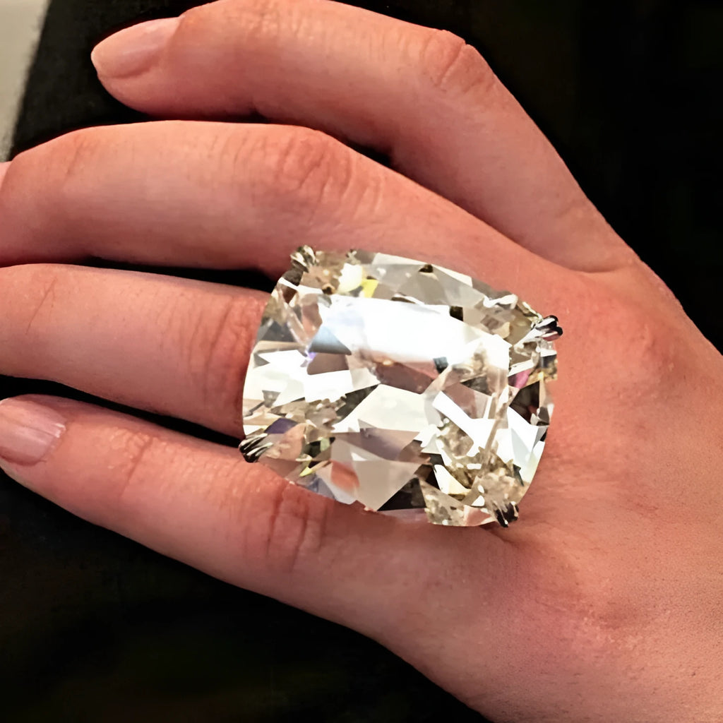 Women's alloy ring with electroplated white gold colour finish and geometric inlaid square diamond design