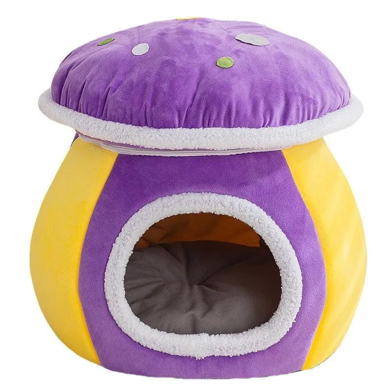 Grey mushroom-shaped plush cat nest with a detachable blanket on a wooden floor.