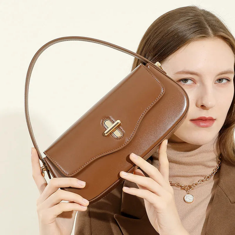Moon baguette leather handbag in two-layer cowhide, 26 x 5.5 x 13 cm, clamshell shape, black wine red coffee caramel
