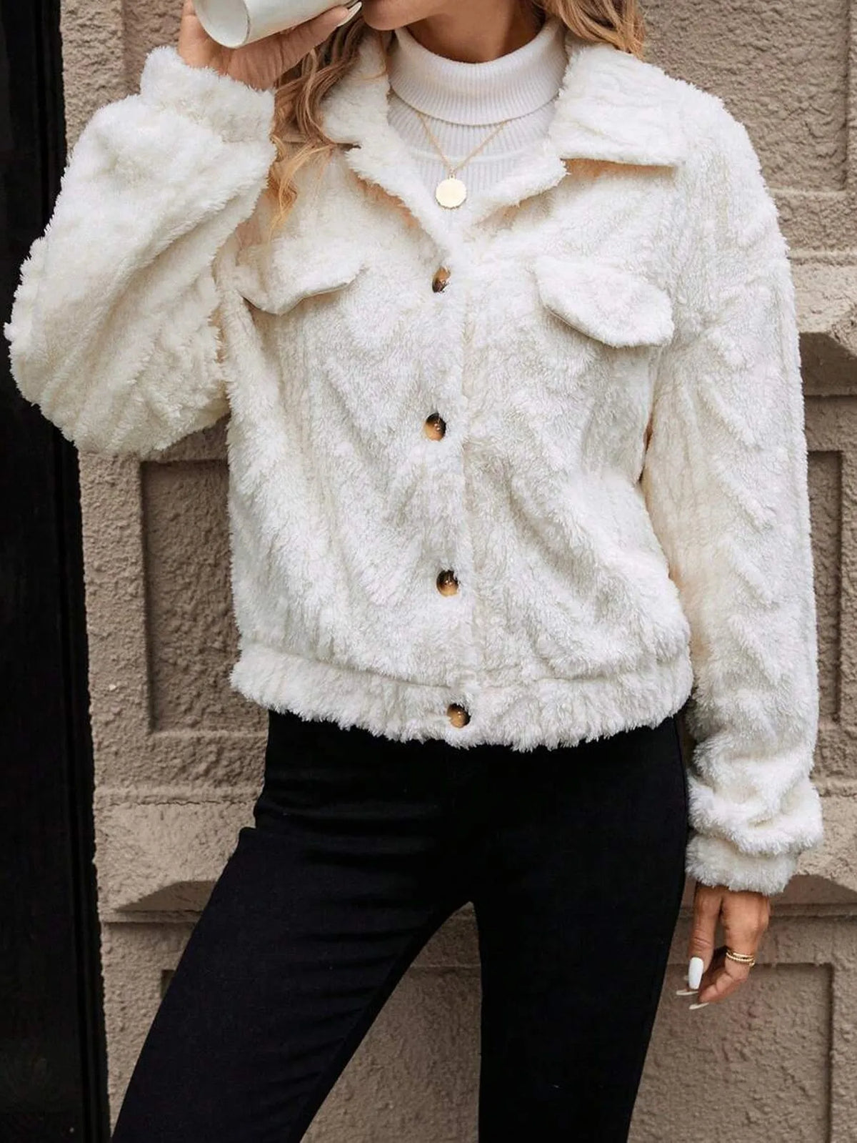 Women's ivory white double-sided plush cardigan with button front and long sleeves