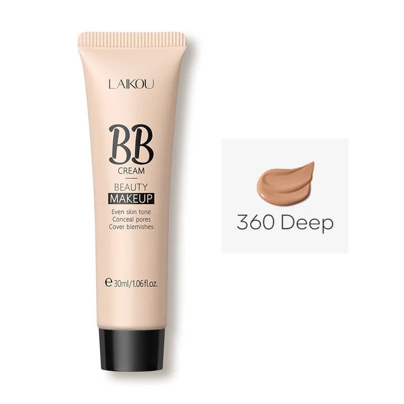 30ml tube of natural finish BB cream showing nine colour shade options from Ivory White to Brown