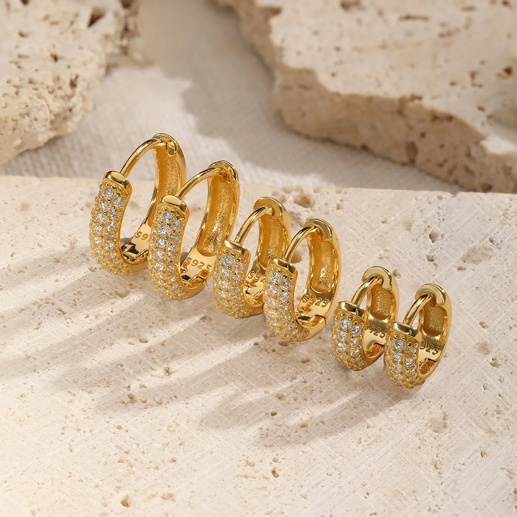 925 sterling silver circle ear clip earrings with inlaid zircon, wide face, 6mm 8mm 10mm, gold or white gold