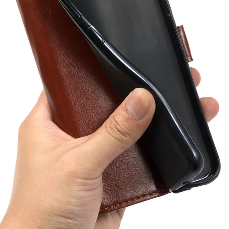Crazy horse PU leather folding card holster cover with TPU pudding in black and brown colours