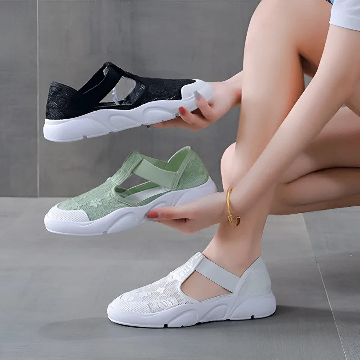 Women's fisherman sandals with lace and elastic band, muffin platform, low flat heel, rubber sole, black green white