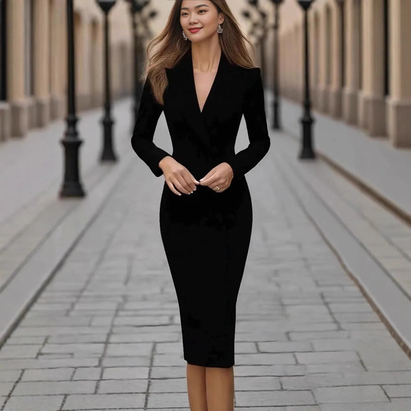 A woman wearing a single-breasted, long-sleeve coat dress in a high-waist silhouette.
