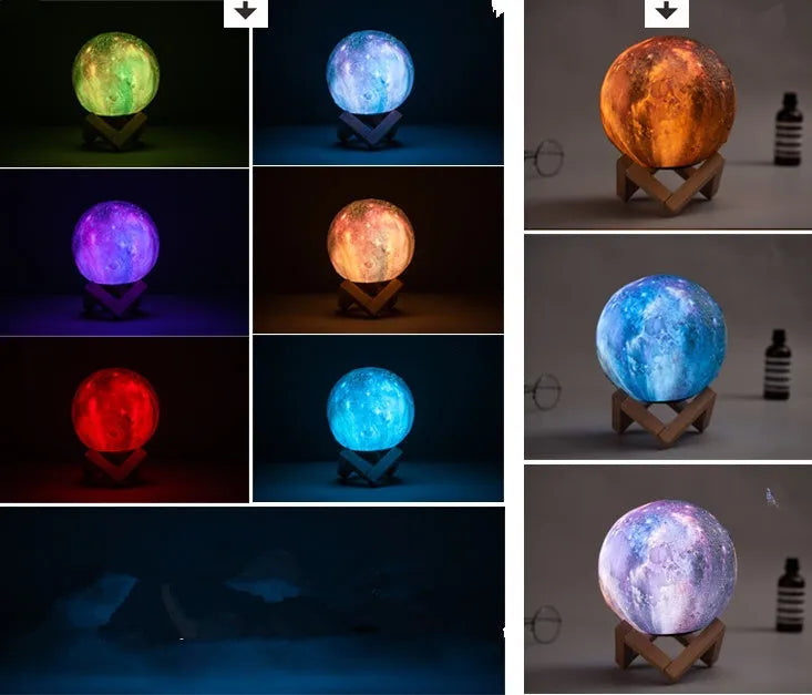 3D printed spherical moon night light glowing with multi-colour LED light on a dark surface.