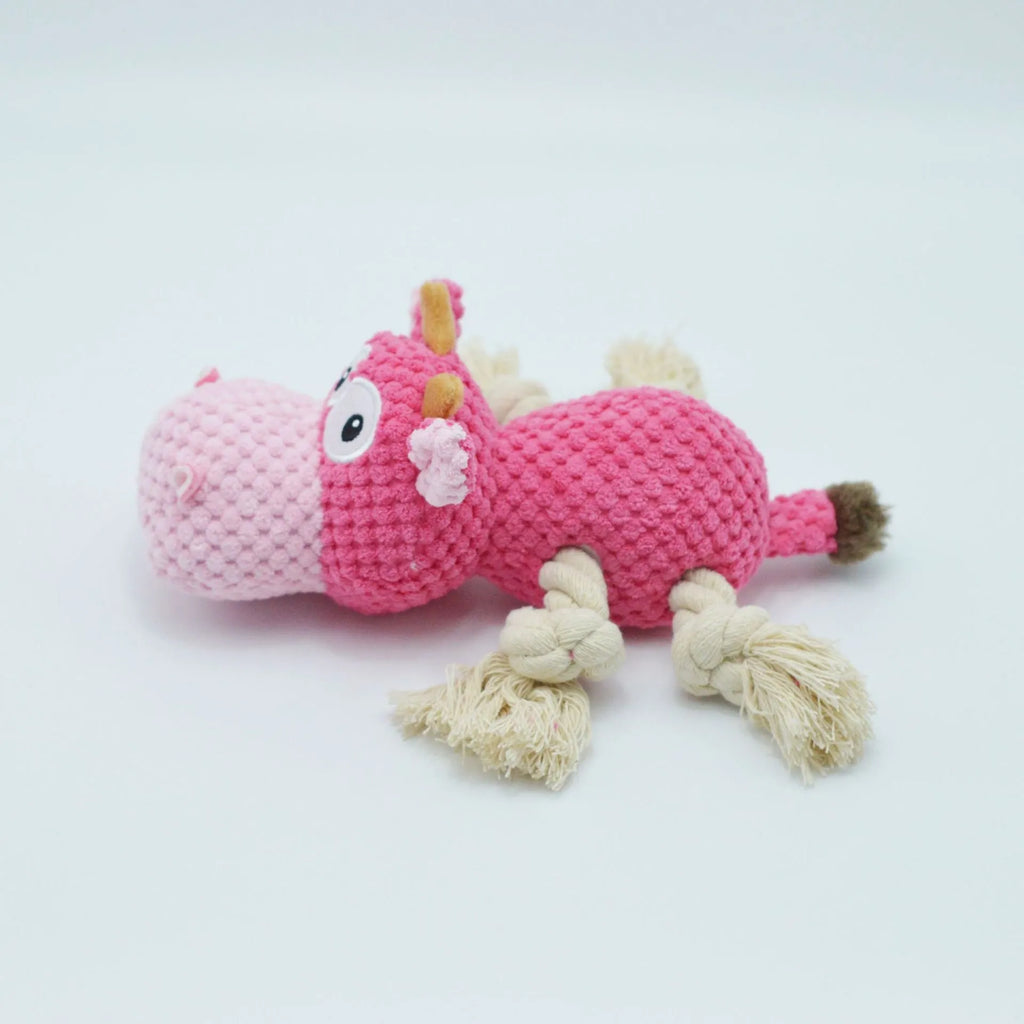 Plush cow dog toy with squeaker in orange pink or blue, 24x20x9.5cm