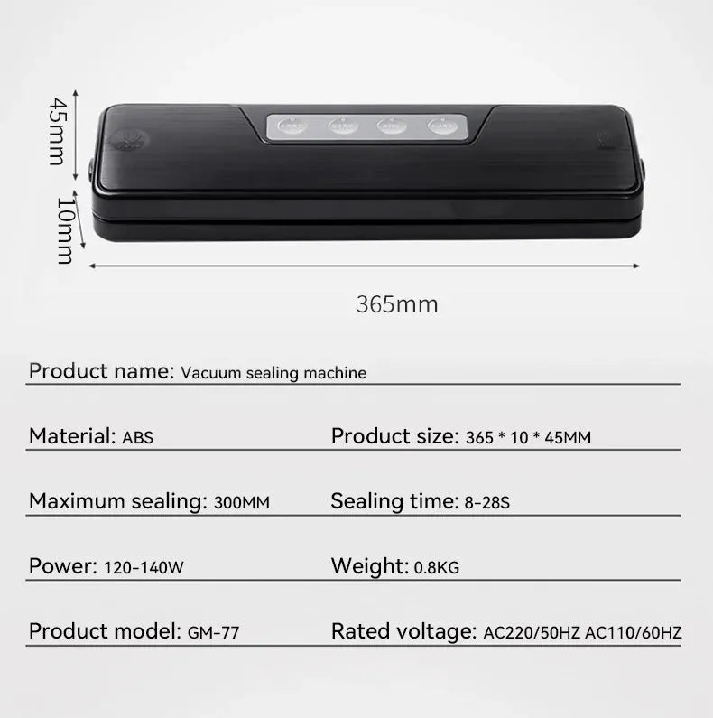 Compact black automatic vacuum sealer for household food preservation and item storage