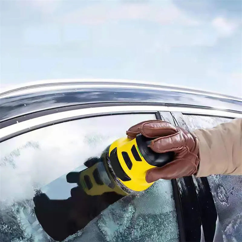 Yellow cordless electric snow scraper with ergonomic handle and removal window for car windscreen de-icing