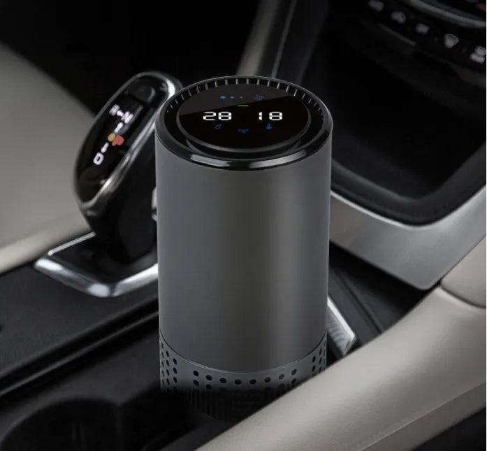 A7 model aluminium alloy car air purifier with display showing air quality, USB cable, and infrared sensor for gesture control.