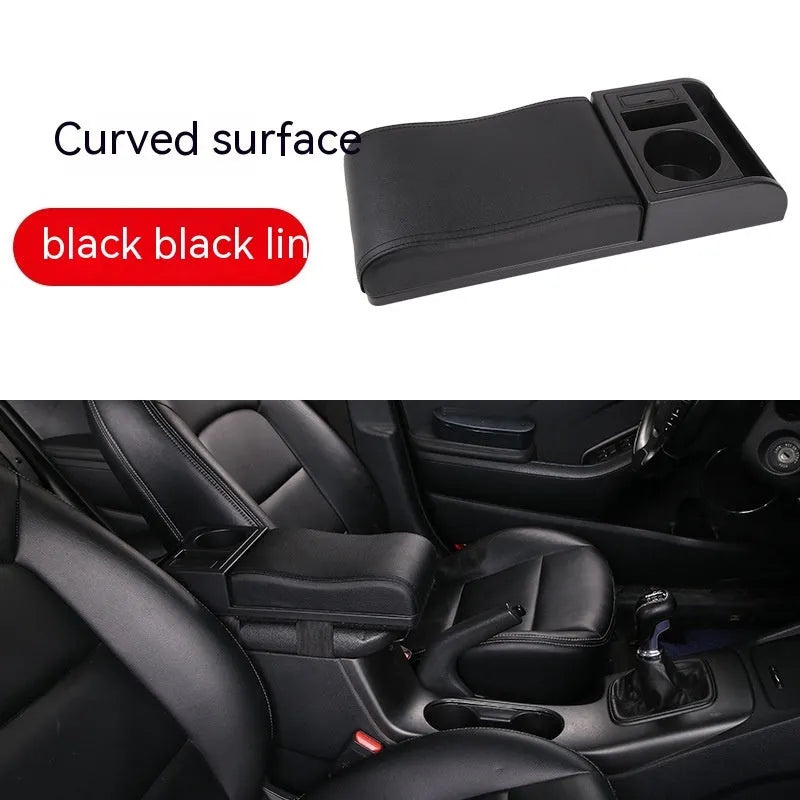 Universal car armrest cover in black with red decorative lines showing PU leather texture surface