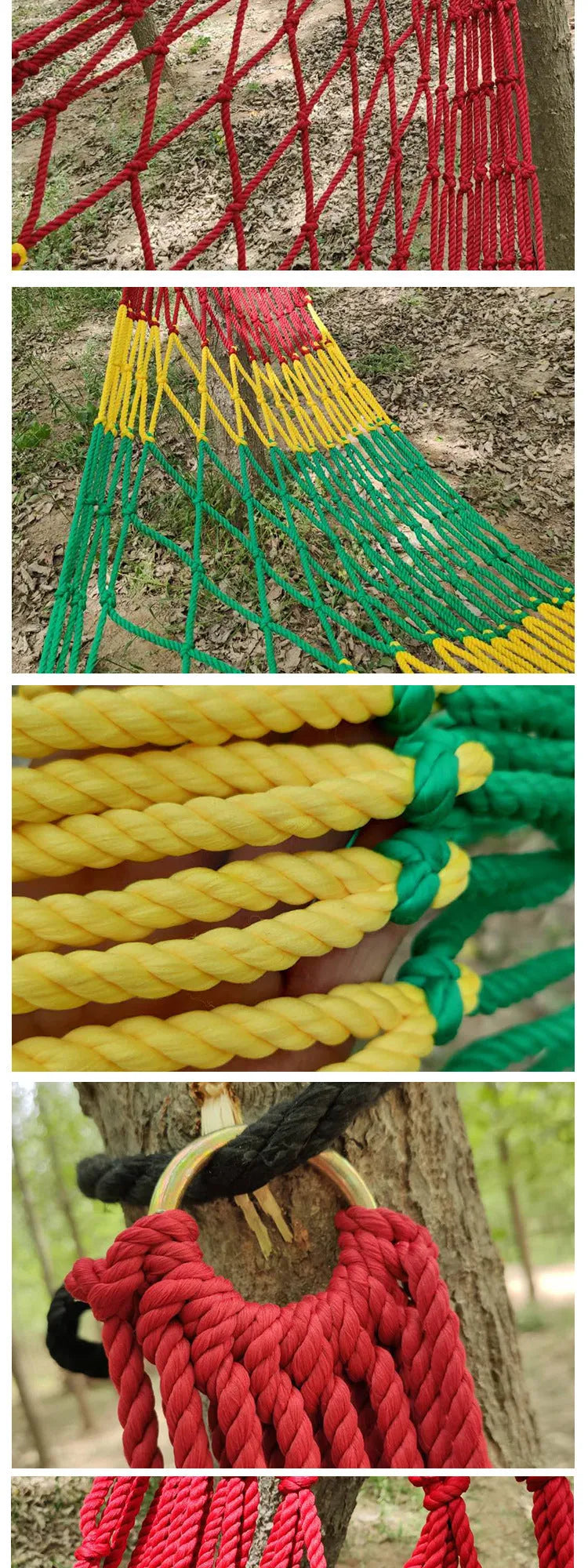 Outdoor nylon rope mesh hammock measuring 1.1m wide by 2.1m long with tying ropes