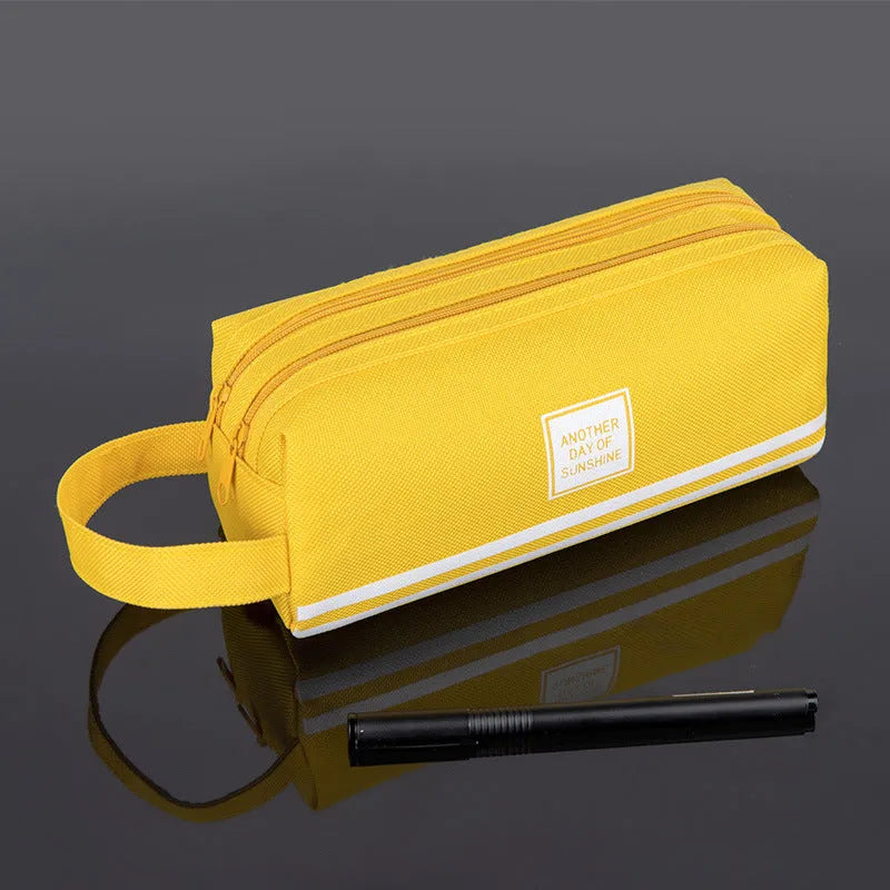 Canvas double-layer stationery box for junior high school students Oxford cloth pencil case with double zipper in blue