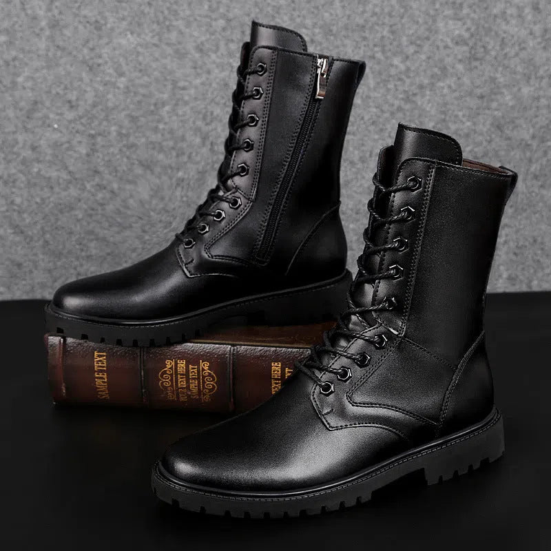 Men's black high top Martin boots with side zip, first layer cowhide upper, rubber sole, round toe, flat heel, sizes 35-52