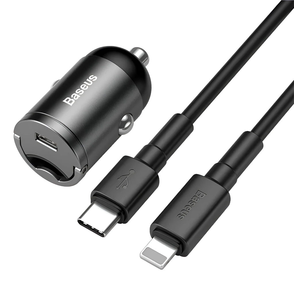 Baseus electro-optical grey 30W PPS fast charge mini car charger with 1 metre cable
