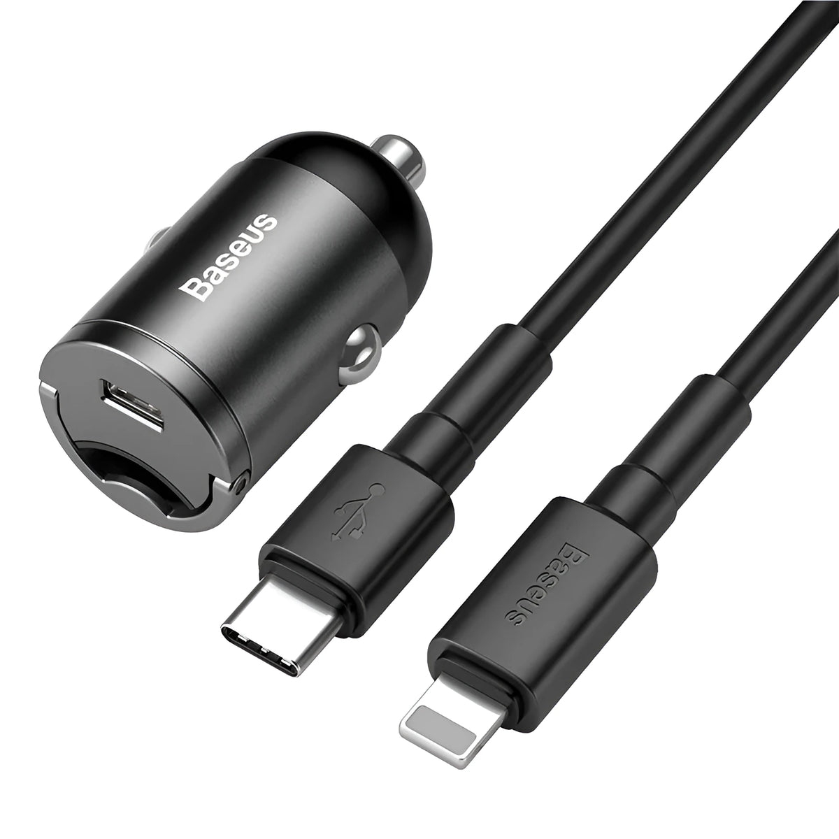 Baseus electro-optical grey 30W PPS fast charge mini car charger with 1 metre cable