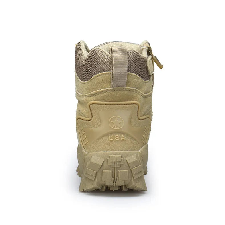 Men's black US Army Delta tactical boots with rubber sole for outdoor hiking and camping.
