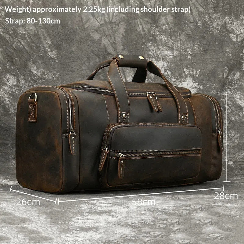 Men's dark brown genuine leather crossbody bag, 22 inches, with stitched seams and adjustable shoulder strap