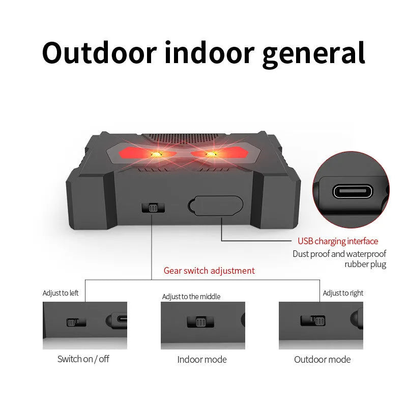 Black solar-powered ultrasonic outdoor animal repeller device with charging cable.