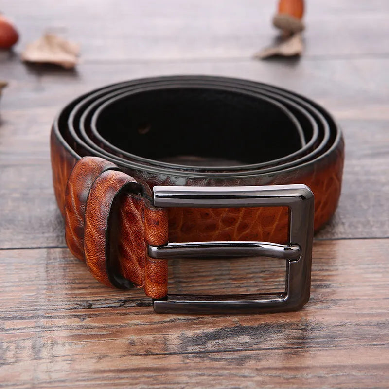 Men's formal business belt with laser logo pattern and alloy pin buckle.