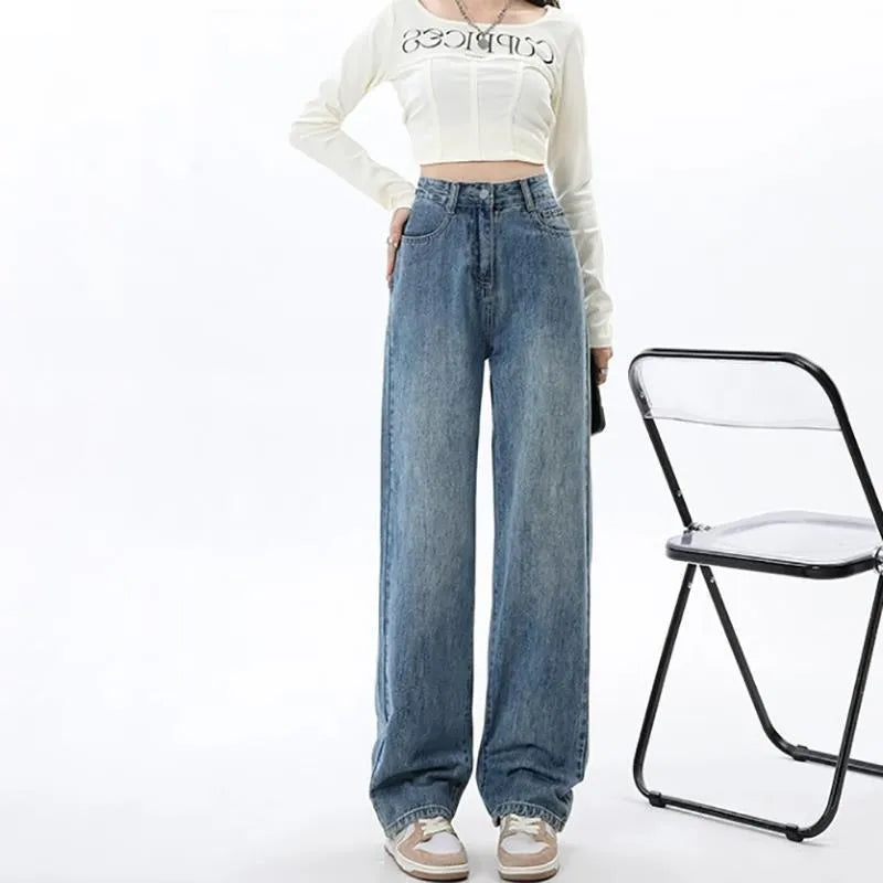 Retro blue women's wide leg jeans with high waist design on hanger