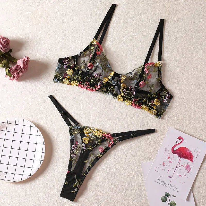 Floral pattern mesh bra and underwear set with T-back straps and 3/4 cups.