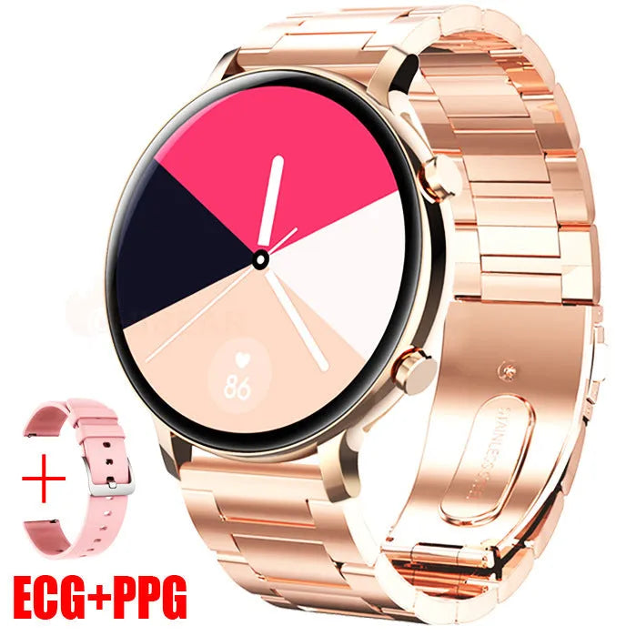 Black business smartwatch with stainless steel strap on a wrist, showing call and health tracking screen.