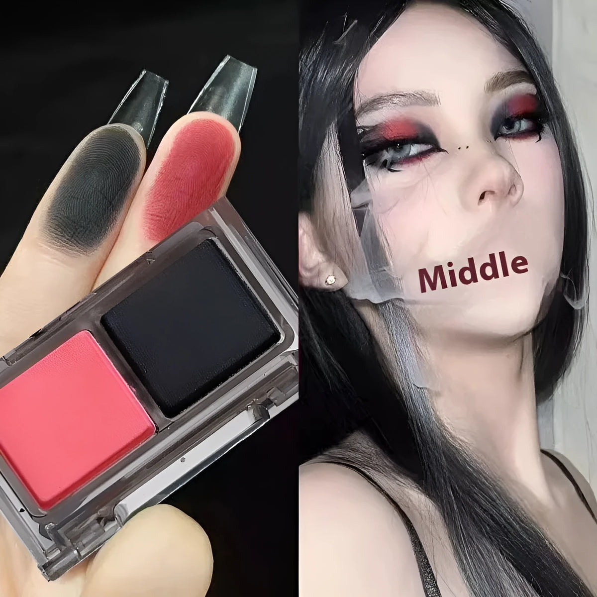 DIKALU two-tone eyeshadow palette showing pink and black colour pans with matte and shimmer finishes