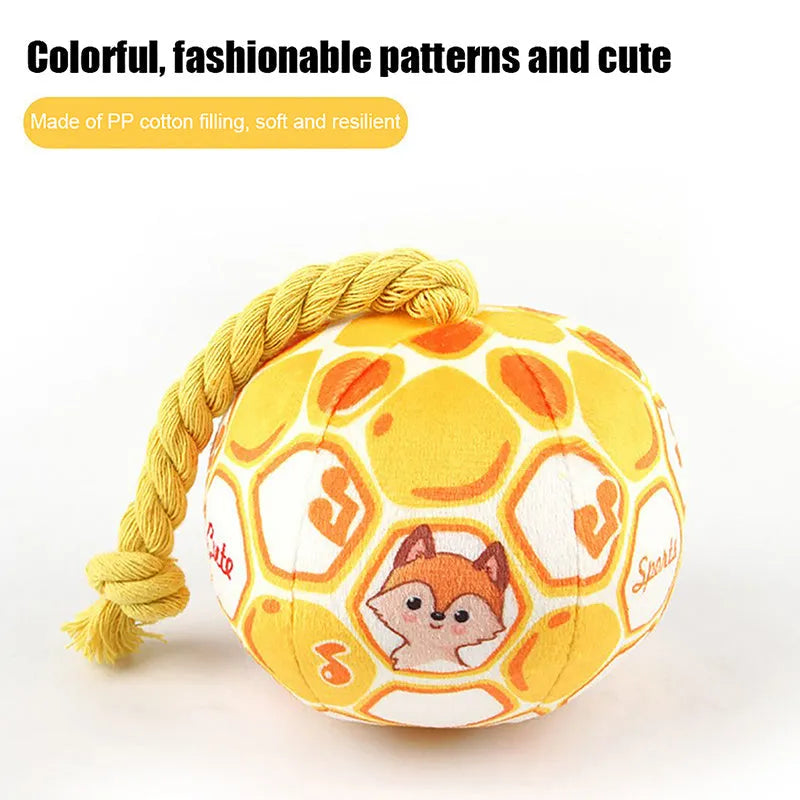 Blue and yellow elastic football dog toy with attached cotton rope for tug-of-war