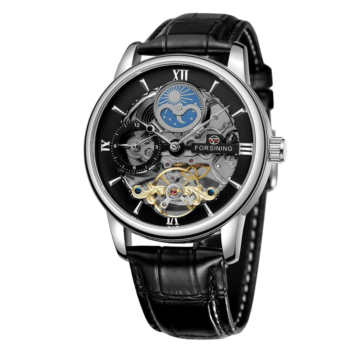 Automatic mechanical watch with hollow moon dial, 13.5mm thick, gold or silver case, black gold blue or white face