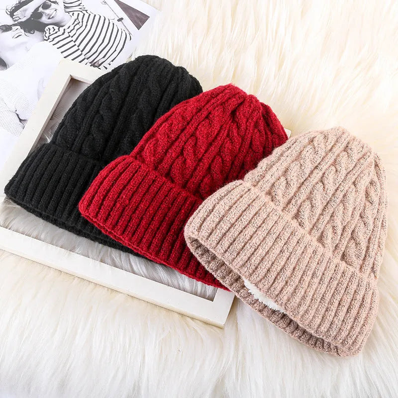 Winter women fleece knitted wool beanie bell hat in velvet colours, one size, no brim