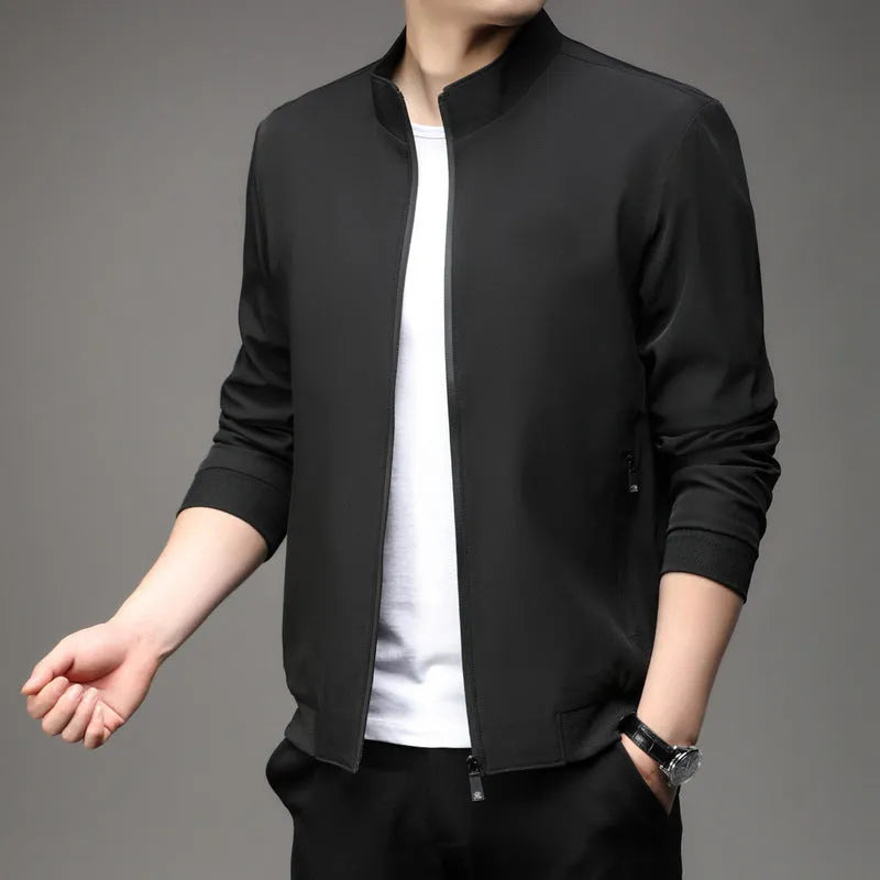 Korean style men's loose lapel casual jacket in polyester blend fabric with zip-up front