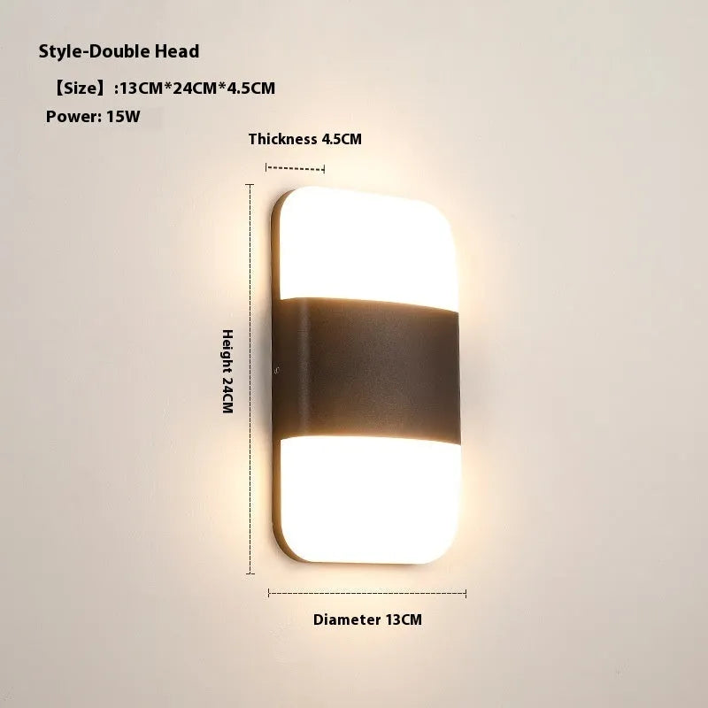Waterproof LED wall lamp with aluminum shell, 15W warm light, 220x80x75mm, for balcony and stair outdoor lighting