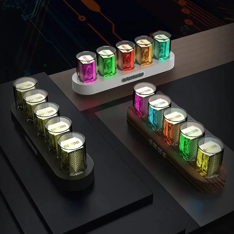 RGB LED digital tube clock showing time display with colourful lighting on a desk.
