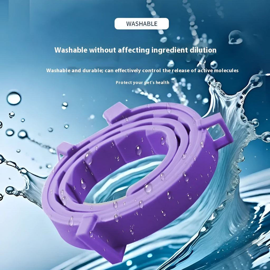 Adjustable calming collar for cats and dogs in orange, blue, grey, and purple, sizes 38cm and 63.5cm