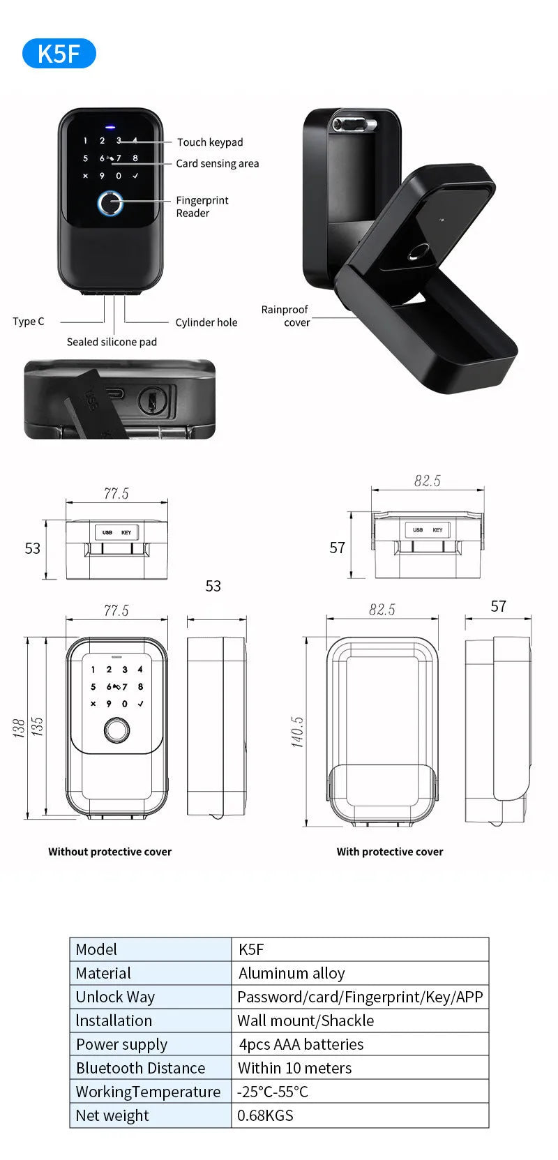 Smart key box with fingerprint scanner and card slot for secure key storage, model K3BF