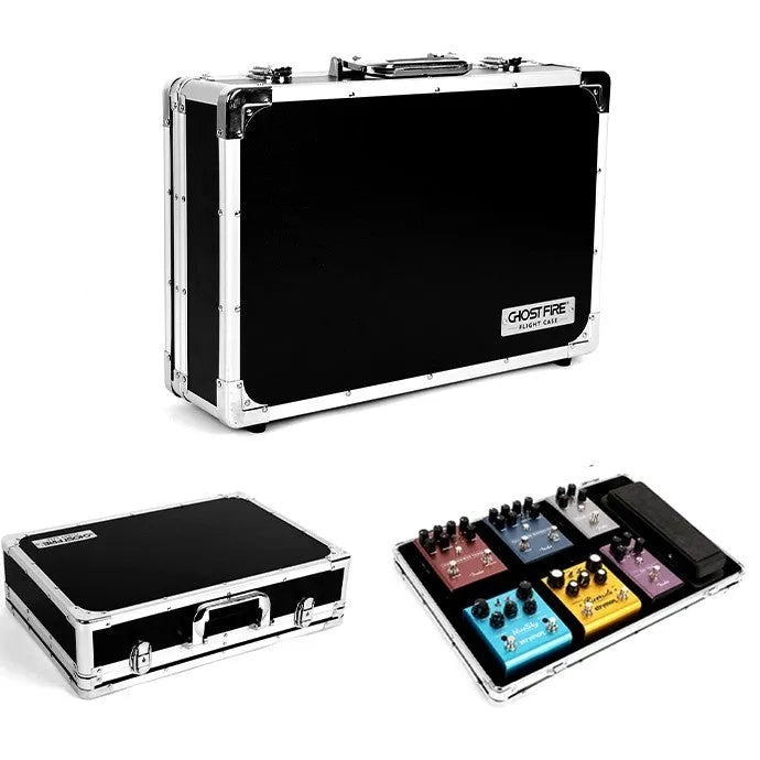 Aviation box guitar effect unit with metal trumpet design inside a protective flight case