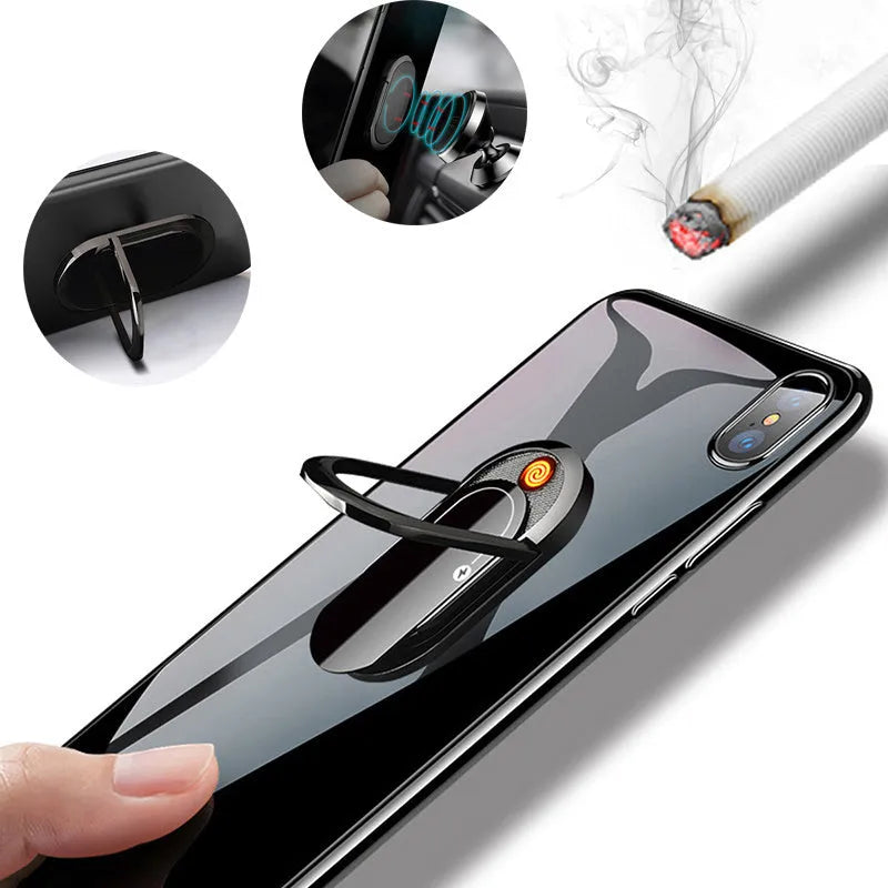 2 in 1 USB plasma lighter and phone holder in aluminium alloy, black ice, with ring buckle and 3M tape