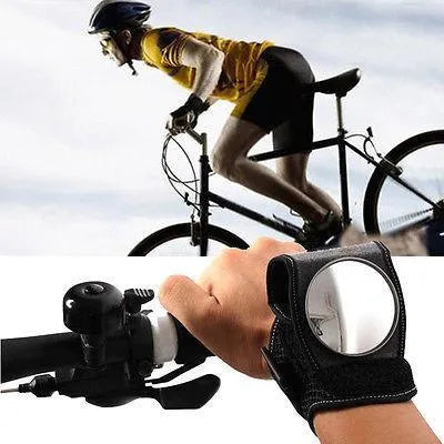 Bicycle wrist safety mirror with adjustable strap, breathing mesh band, and approx 5cm mirror diameter