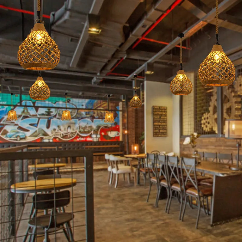Hemp rope retro industrial chandelier ceiling light with natural rope texture over metal frame